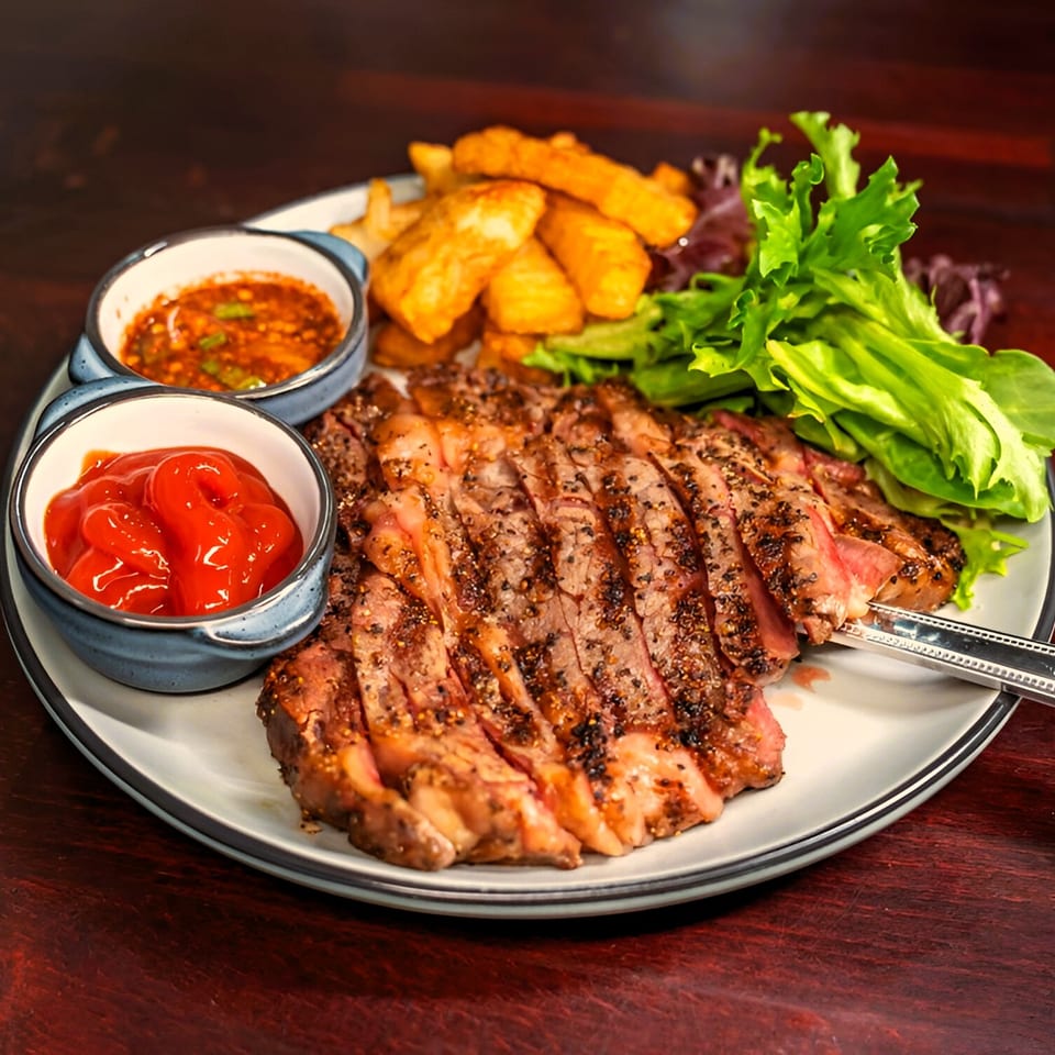 Sliced grilled steak with fries, fresh lettuce, ketchup, and a spicy dipping sauce on a white plate.